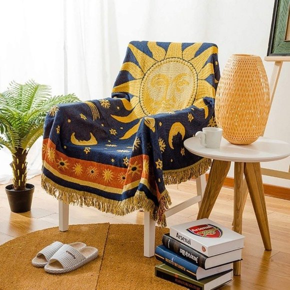 Bohemian Vintage Sun/Moon Retro Reversible Throw Blanket for Sofa/Bed/Dorm/Patio - Picture 8 of 8